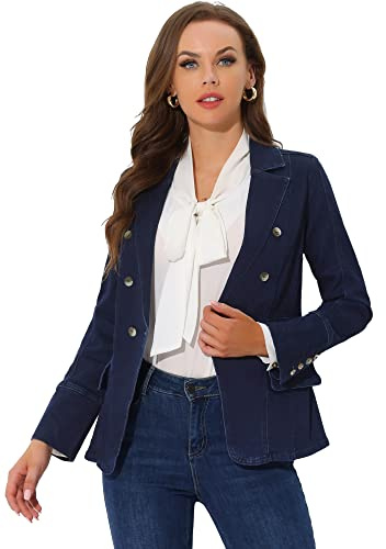 Allegra K Women's Jean Jacket Button Down Notched Lapel Long Sleeve Work Office Denim Blazer Jacket Medium Black-Blue