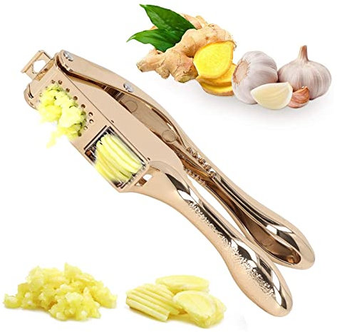 BAOFUYA Gold Knoblauchpresse 3 in 1 Hochleistungs Knoblauchwolf Easy Squeeze Aluminiumlegierung Mehrzweck Knoblauchpresse für die KüChe