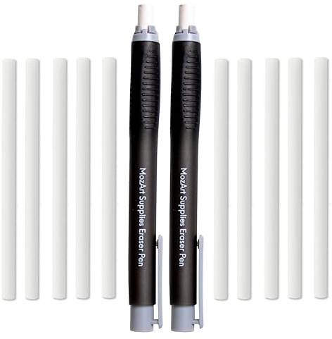 MozArt Supplies 2 Eraser Pen with 10 Jumbo Eraser Pen Refills Set, Easy to Use for Mechanical Pencil - For Sketch, Architecture, Drafting, Art, Drawing Supplies