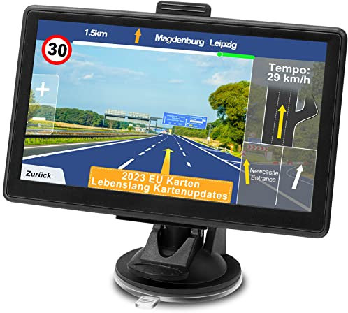 Navigationsgerät für Auto LKW 2023 - GPS Navi 7 Zoll lkw Navigation für PKW, aktuelle Europa UK 52 Karten, Lebenslang kostenloses Kartenupdate, Blitzerwarnung Fahrspurassistent POI Spracheführung