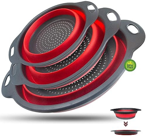 Walfos Scolapasta in Silicone Pieghevole, Set 3 pezzi grande 25/29/34 cm Cucina Pieghevole sopra Il Lavandino del Silicone Colander/Setacci, Lavabili in Lavastoviglie, Rosso
