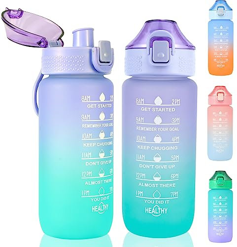 SUPPRUI Botella para niños a prueba de fugas, botella de agua de 600 ml, botella con marcadores de tiempo, botella de Tritan botella de agua sin BPA con cierre de 1 clic
