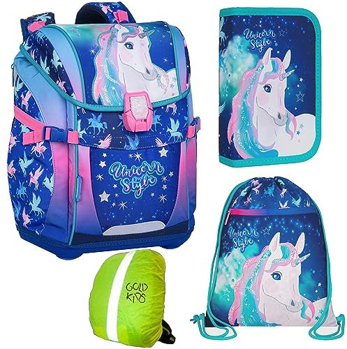 Schulranzen Schulranzen-set Einhorn Unicorn Ranzen Kinderrucksack, Federmappe, Schuhbeutel, Regenschutz Motivdruck Unicorn Einhorn Style 4-teilig