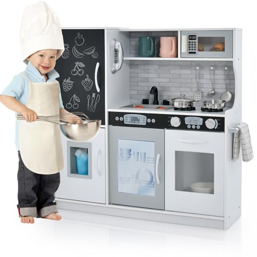 RELAX4LIFE Cucina Giocattolo per Bambini, Gioco Cucina in Legno con Frigo con Lavagna, Microonde, Forno, Macchina per il Ghiaccio, Mini Cucina per Bambini 3-6 Anni (Bianco, 82 x 24 x 80 cm)