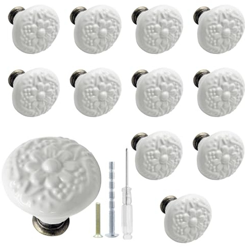Biaungdo 12 Pcs White Ceramic Kitchen Cabinet Knobs and Pulls, Retro Vintage Round Drawer Knobs, Decorative Closet Door Handles
