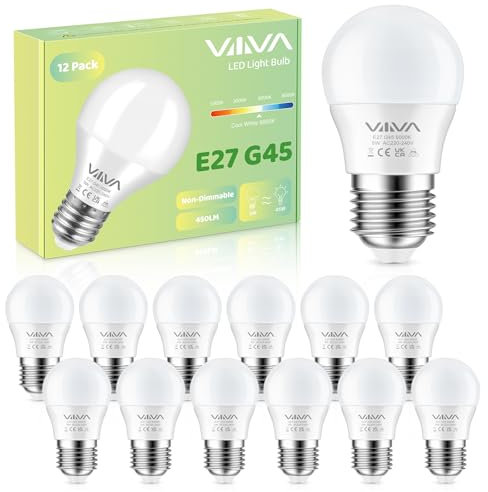 VIIIVA E27 LED Kaltweiss Glühbirne 5W-12er Pack,6000K Kaltweiß Lampe 450 Lumen, (Ersetzt 45W Halogenlampe), G45 Leuchtmittel, LED Energiesparlampe, 270° Abstrahlwinkel, Nicht Dimmbar(4.5 * 8.31 CM)