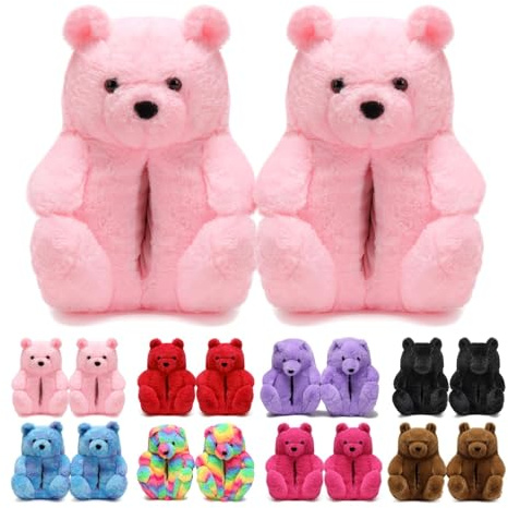 DOVORSY Cute Teddy Bear Slippers for Women, Pink Fuzzy Animal House Slippers, Fluffy Cozy Indoor Slipper for Ladies, Girls, Thoughtful Birthday Gift for Her Him (Size 7-11)
