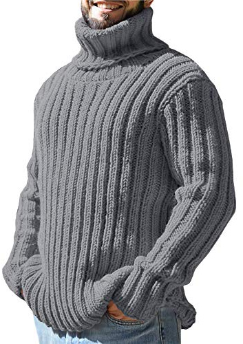 Runcati Jersey de punto de cuello alto para hombre con diseño trenzado de otoño e invierno de punto grueso de un solo color, gris, XL