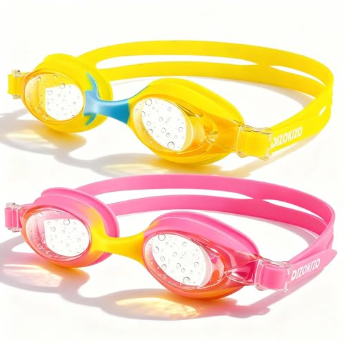 Dizokizo 2 Pack Kids Swimming Goggles Anti-Fog UV Protection NO Leaking Clear Vision Swim Goggles for Kids Age 4-16 Years (Rose/Yellow)