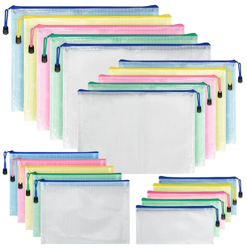 Pochette Document Zippée A3+A4+A5+A6, 20 Pièces Pochette Rangement Fermeture, PVC Imperméable Transparentes Document Dossier, Plastique Zippée Maille pour Bureau, Papier, Cosmétiques,Voyage