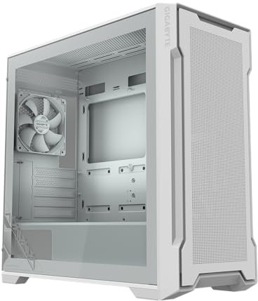 GIGABYTE C102 Glass Ice - Carcasa Blanca para Juegos de PC de Torre Media, Vidrio Templado, Cubierta de Fuente de alimentación, 2 Ventiladores de 120 mm (GB-C102GI)