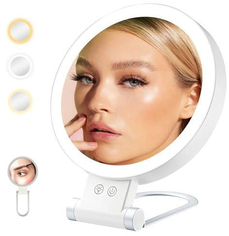 Cuteefun 20-Facher Vergrößerungsspiegel mit Licht, Beidseitig Beleuchteter Tisch Schminkspiegel, 3 Farben Dimmbarer, Wiederaufladbarer, Faltbarer LED Kosmetikspiegel für Schlafzimmer, Schminktisch