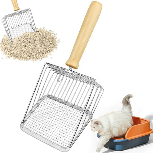 Katzenklo Schaufel Edelstahl, Katzenstreuschaufel Metall, Katzenschaufel für Katzenklo, Katzenstreu Schaufel Doppelzone, Streuschaufel Große mit Holzgriff, Cat Litter Scoop
