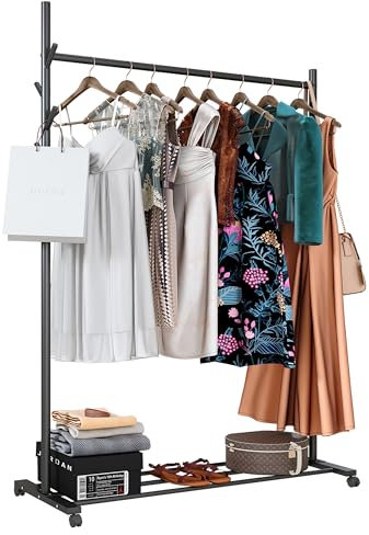 Klass Home Collection Portable Heavy Duty Clothes Rail For Bedroom, Home & Shops, 50KG Load Clothes Rack With Storage Shelf, Metal Clothing Rail For Hanging Garments, Coats (Black With Wheels)