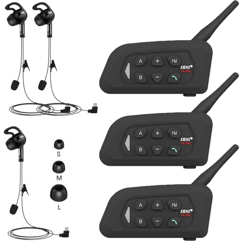 SolaMr V4C Plus Domarinterkommunikationsheadset, Bluetooth 5.1-högtalare för höger öra, interkommunikationssystem med CVC-brusreducering, FM-radio och 4-vägs interkom upp till 1500M - 3PACK