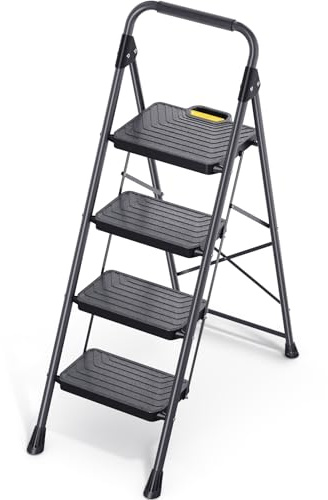 TOOLF 4 Step Ladder, Sturdy Steel Step Stool with Anti-Slip Wide Pedals, Handrail, Safe-Lock Design, Folding Portable Ladder for Multi-Purpose, Home, Kitchen, Pass 800lbs Load Testing, Black