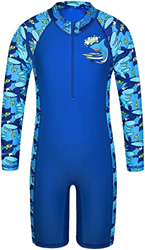 HUAANIUE Garçons Enfants Maillot de Bain 1 Pièce Anti-UV UPF 50+ Enfants Garçons Costume de Bain zippé à Manches Longues 2-14 Ans