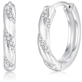 Lynizo Creolen Silber 925, Einfache Silber Ohrringe mit Abgeschrägten Zirkonia, Klein 925 Sterling Silber Creolen Ohrringe, Weiß Gold Unisex Hypoallergene Schlafen Ohrring Schmuck für Mädchen Männer