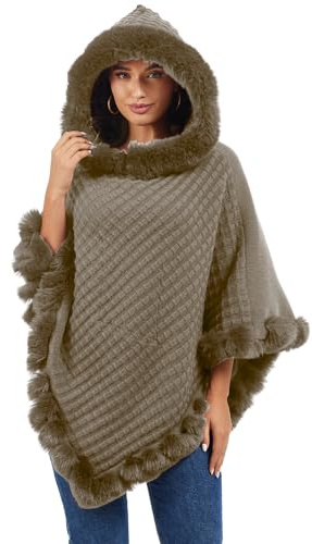 Rayson poncho med huva för kvinnor vinter med fuskpäls trim stickad kappa höst elegant varm plysch sjal med huva, Khaki, one size