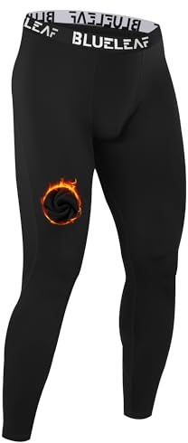Blueleaf Mens Thermal Compression Pants Fleece Lined Athletic Running Tights Leggings Cold Weather Sports Base Layer Bottoms Winter Gear Black XL