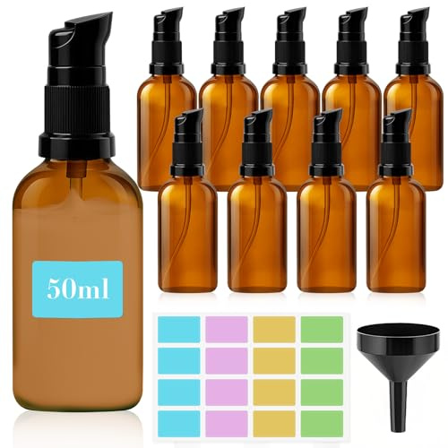 Maxumille 50 ml tomma glasflaskor bruna med klistermärken tratt, 5 stycken bärnstensfärgade glas lotionflaskor med pumpdispenser, lotiondispenser brun glasflaska med pump för eteriska oljor handkräm