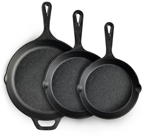 EWFEN Cast Iron Skillet 3-Piece Set, Heavy-Duty Professional Restaurant Chef Quality Pre-Seasoned Pan Cookware Set, 6, 8, 10 Pans For Frying, Saute, Cooking, Use Indoor/Outdoor, Oven, Grill