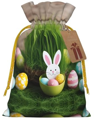 Easter Egg Bunny Grass Wooden Print Drawstring Pouch For Gifts,Reusable Adorable Gift Bags,Perfect For Jewelry And More