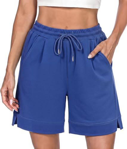 Litherday Short Femme Sport Taille Haute avec Poches Fente Latérale Bermuda Été pour Fitness Jogging Running Bleu Roi L