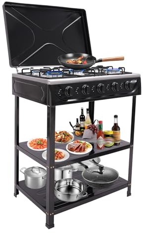 Fornello a Gas Naturale, Fornello Portatile a 5 Bruciatori, Fornello a Gas Naturale Con 2 Ripiani, Controllo Indipendente 5x2,5 kW, Copertura Antivento, Piedi Antiscivolo, Per Campeggio All'aperto