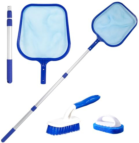 Satar Refes Hot Tub Cleaning Kit, Pool Skimmer Leaf Net Fine Mesh Net with Telescopic Pole, Scrubbing Brush, Pad Brush for Garden Pond Fountain Hot Tub Spa Fish Tank Cleaning