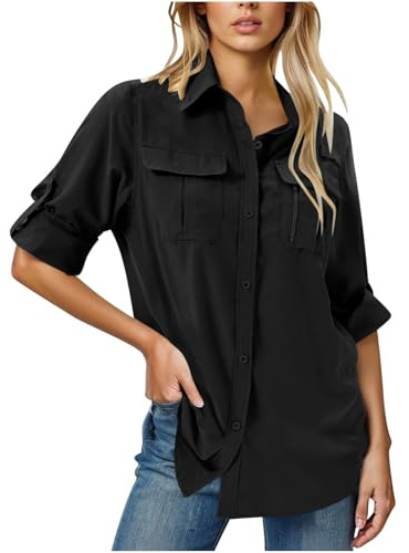 Women's UPF 50+ Sun Protection Shirts Long Sleeve Button Down Quick Dry Blouses Casual Outdoor Hiking Fishing Safari Tops with Pockets