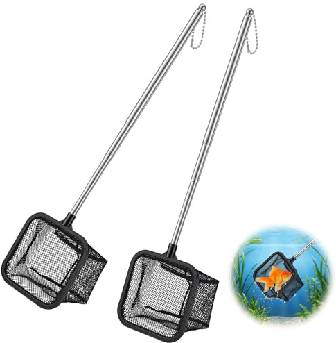 2 retini per acquario, 7,5 cm, quadrati, sottili retini, piccoli con manico in acciaio inox estraibile, rete per acquari, piccoli stagni, retrattili, 20-46 cm di lunghezza