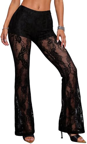 FEOYA Pantalon à volants en maille transparente pour femme - Taille haute - Sexy - Transparent - Bas de bikini - Cache-maillot de bain en dentelle florale - Legging évasé pour sortir, fête, club