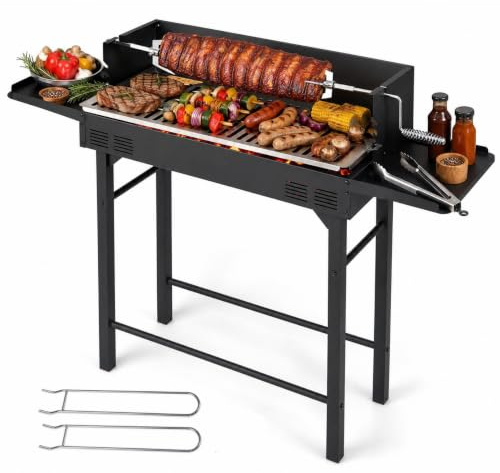 KOMFOTTEU Barbecue Charbon, Broche Tournante, Étagères Latérales, Pare-Vent