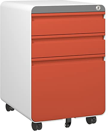 Dripex 3-Drawer Mobile Filing Cabinet, Lockable, Orange