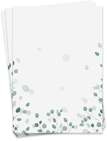 Set de papier à lettre Eucalyptus I 50 feuilles de papier à motif au format DIN A4 I Vert I Aspect naturel I Utilisable comme invitation carte d’anniversaire ou carte de Saint-Valentin I dv854