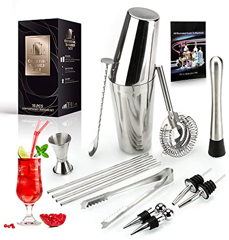 Set di strumenti per bar shaker per cocktail - Kit barman in acciaio inossidabile 304 da 15 pezzi - Tutti gli accessori per bar, shaker per bevande, colino, jigger, ecc.