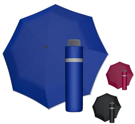 Doppler Regenschirm Mini Light Up Reflect in blau I Regenschirm mit reflektierendem Rand I Handöffner Taschenregenschirm I Mini Schirm mit Schirmtasche I Leichter Taschenschirm für unterwegs