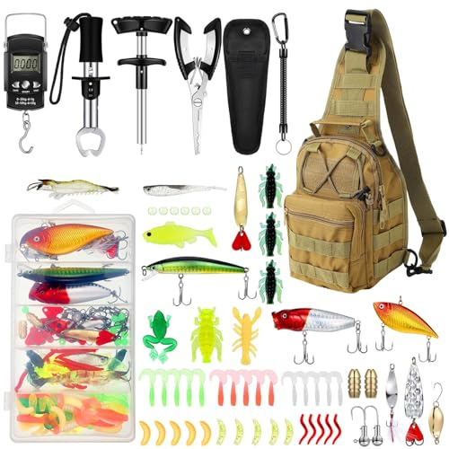 Sosation 134 Pcs Fishing Tool Fishing Tackle Box Kit and Equipment for Adults Beginner Gift, Hook Remover, Pliers Kit, Backpack Tackle Container Lures, Lip Gripper, Weigh Scale(Khaki)
