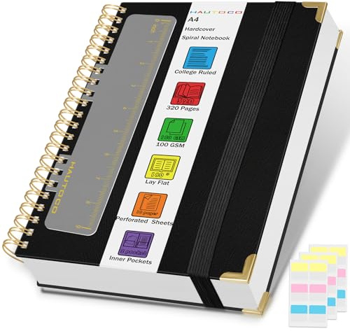 HAUTOCO A4 Spiral Notebook, Wirebound Notebooks with 320 Pages/160 Sheets College Ruled Paper for Writing, 100GSM Thick Paper, Hardcover Notepad Note Book for Work, Office, School, Business, Black