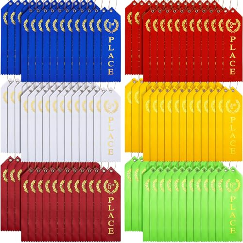 Kenning 180 Pcs Swimming Gymnastics Track Award Ribbon Award Ribbons 1st to 6th Place Flat Carded Set First Place Prizes with Card and Rope Award Ribbon Organizer Contest Award Ribbons, 6 Color