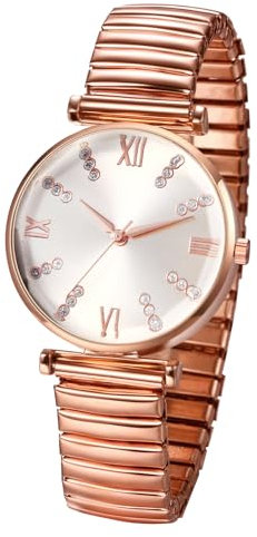 JewelryWe Damenuhr Elastisch Glitzer Uhr: Damen Analog Quarz Armbanduhr Rosegold Edelstahl Stretch Armband Frauen Lässige Uhr mit Strass Römischen Ziffern Zifferblatt
