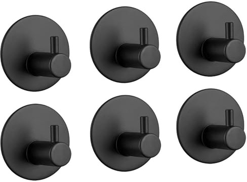 LYLIN Crochet Adhésif, Crochet Mural de Salle de Bains en Acier Inoxydable, Porte Serviette Auto-adhésifs pour la Cuisine, le Salon et le Bureau, Anti-rouille et étanche (Noir Mat 6pcs)