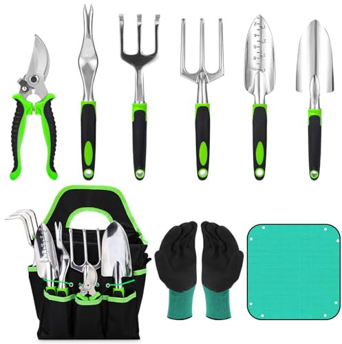 Outils de Jardinage, 9 Pièces Ensemble d'outils de Jardin avec Sac de Rangement, Râteaux,Transplanter, Gants de, Tapis Végétal, Cadeaux de kit Jardinage pour Homme et Femme