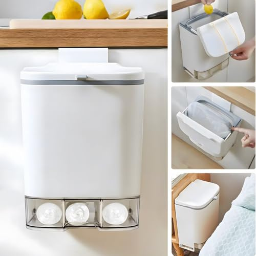 2,4 gallon komposthink hängande papperskorg med lock soptunna väggmonterad papperskorg med 3-pack engångspåse för kök, skåp, badrum, under handfat, bänktopp (vit)