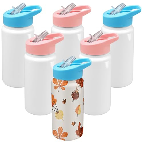 Paquete de 6 vasos de sublimación de 15 onzas, vasos de acero inoxidable rectos y delgados con aislamiento al vacío, botella de agua blanca con tapa y popote, vaso deportivo para niños