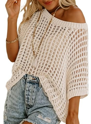 CFLHN Off The Shoulder Crochet Tops for Women Summer Sweater Top Crochet Swimsuit Coverup for Beach Vacation Resort Outfits Cruise Wear Apricot L