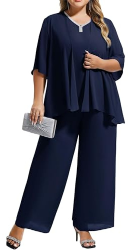 Hanna Nikole Traje ligero de verano para mujer de talla grande, elegante traje de salón de color liso con cuello en V y manga corta azul marino 52
