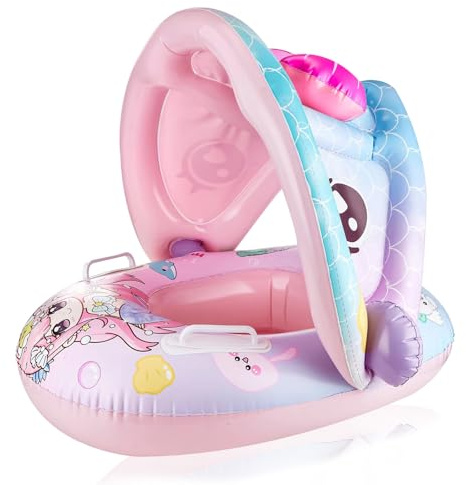 SENLINLIN Bouee Bebe avec Pare Soleil, Siège de Natation Gonflable Sirène avec accoudoirs pour Enfants de 6 à 36 Mois (Jusqu’à 15 kg), Bouee Piscine Bebe