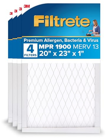 Filtrete 20x23x1 AC Furnace Air Filter, MERV 13, MPR 1900, Premium Allergen, Bacteria & Virus Filter, 3-Month Pleated 1-Inch Electrostatic Air Cleaning Filter, 4-Pack